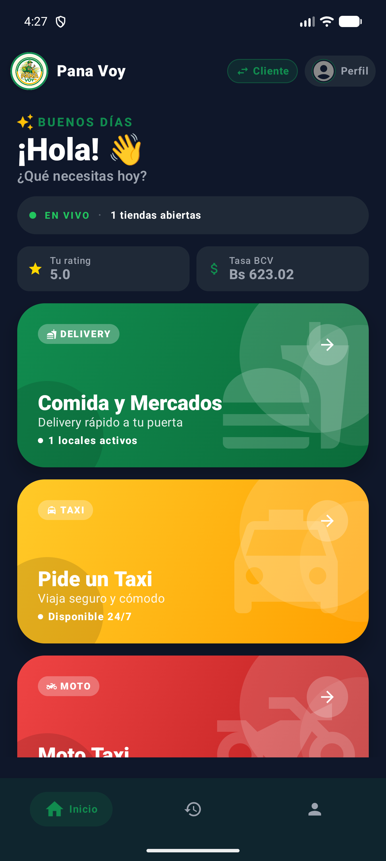 Pantalla real de inicio para clientes de la app Pana Voy